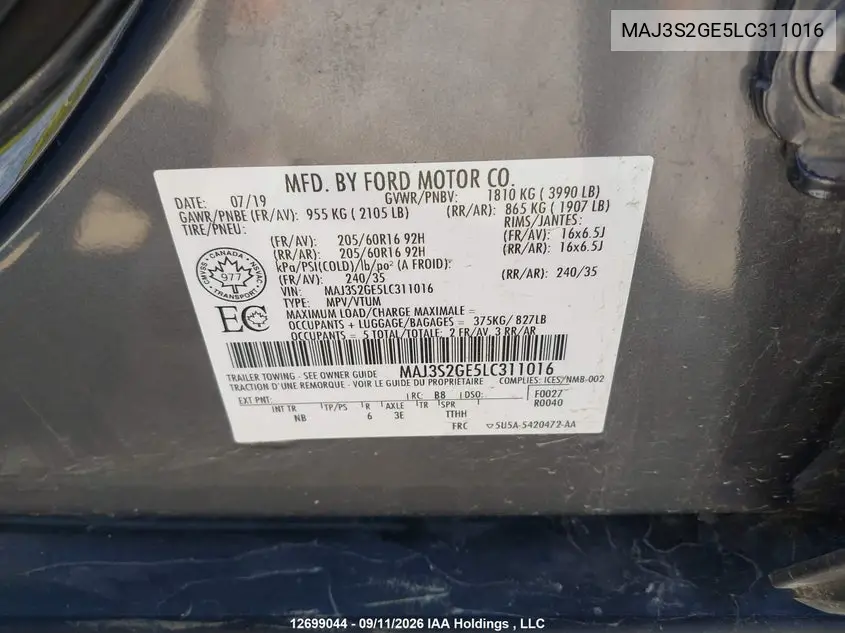 2020 FORD ECOSPORT VIN MAJ3S2GE5LC311016 — фото 9