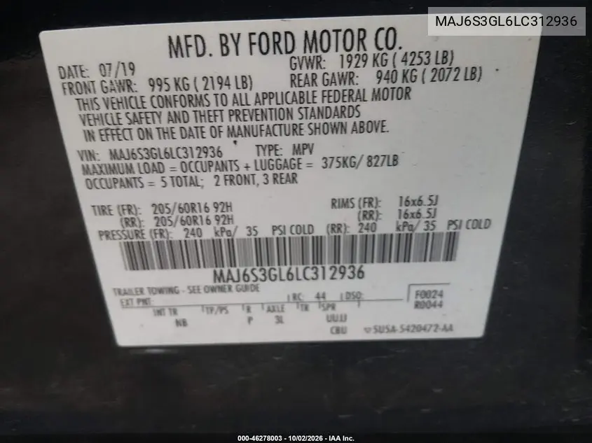 2020 FORD ECOSPORT VIN MAJ6S3GL6LC312936 — фото 9
