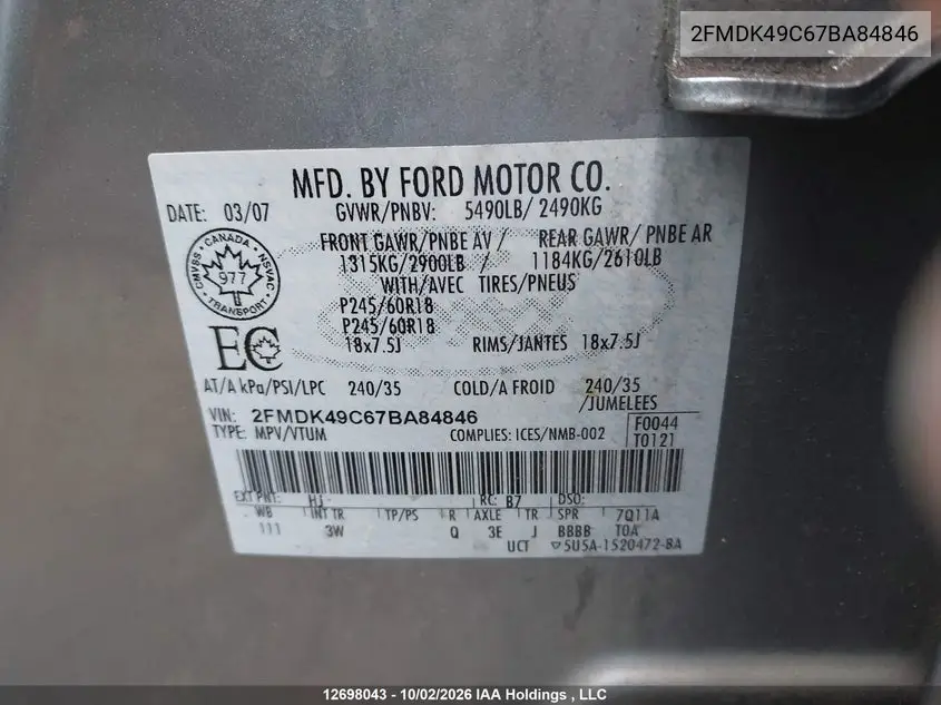2007 FORD EDGE VIN 2FMDK49C67BA84846 — фото 9