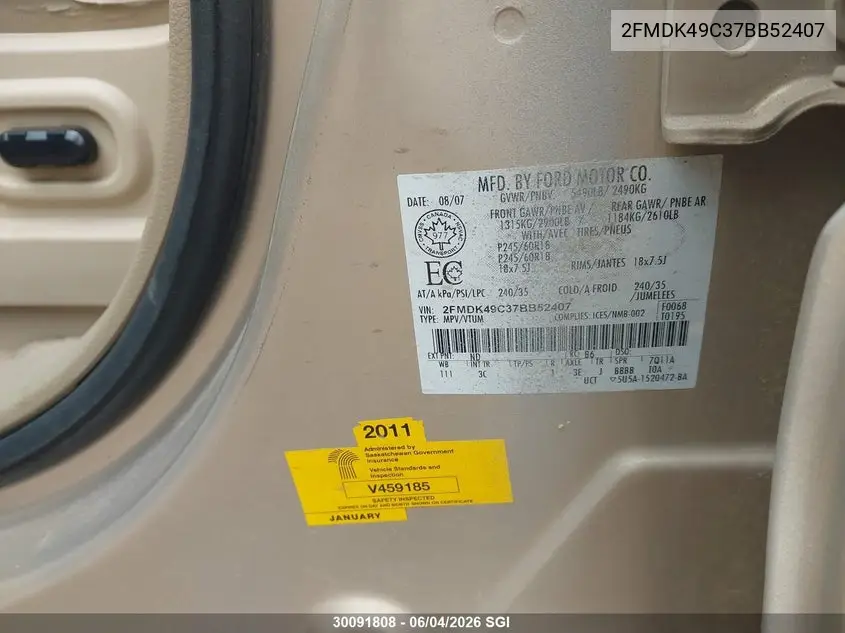 2007 FORD EDGE VIN 2FMDK49C37BB52407 — фото 9
