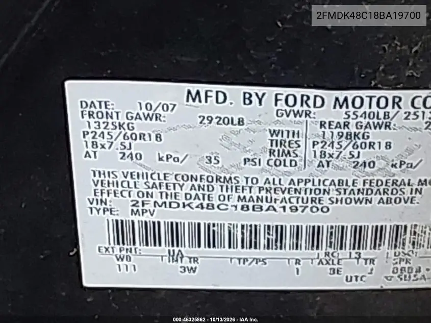 2008 FORD EDGE VIN 2FMDK48C18BA19700 — фото 9
