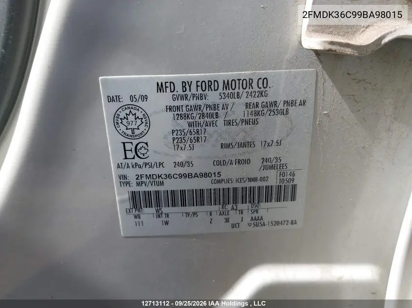 2009 FORD EDGE VIN 2FMDK36C99BA98015 — фото 19