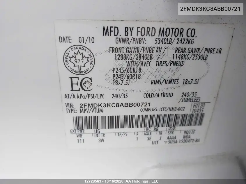 2010 FORD EDGE VIN 2FMDK3KC8ABB00721 — фото 9
