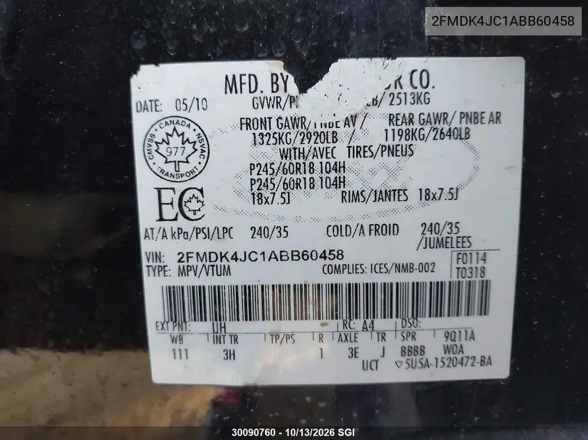 2010 FORD EDGE VIN 2FMDK4JC1ABB60458 — фото 9