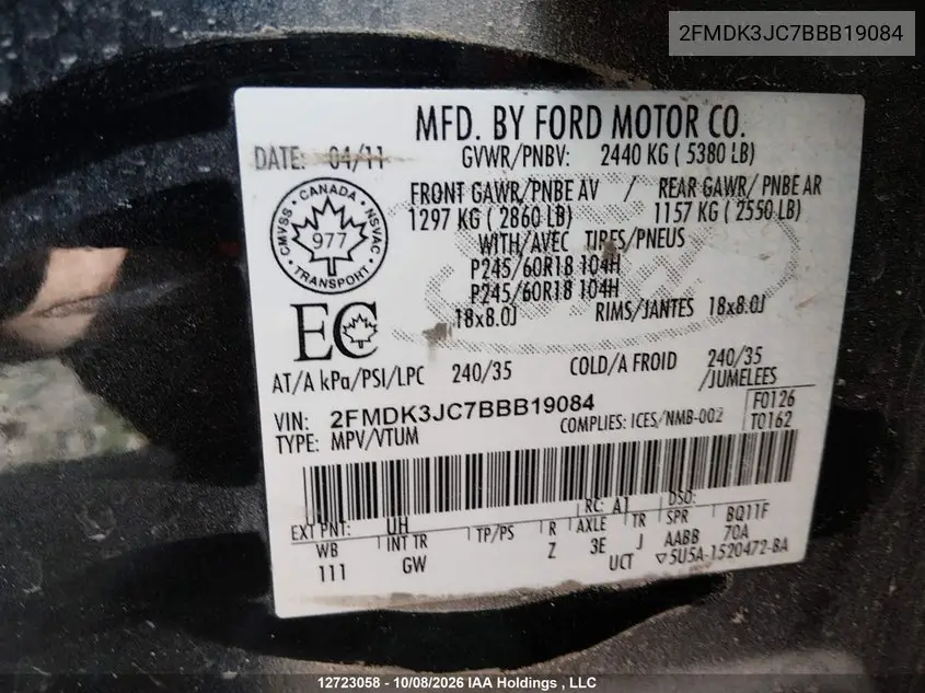 2011 FORD EDGE VIN 2FMDK3JC7BBB19084 — фото 9