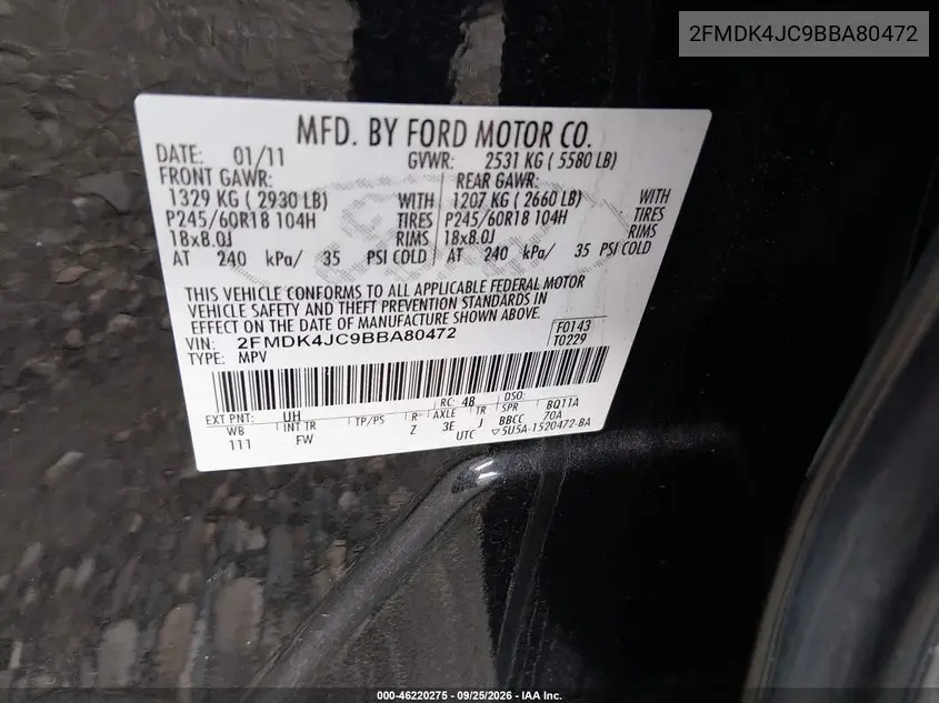 2011 FORD EDGE VIN 2FMDK4JC9BBA80472 — фото 9