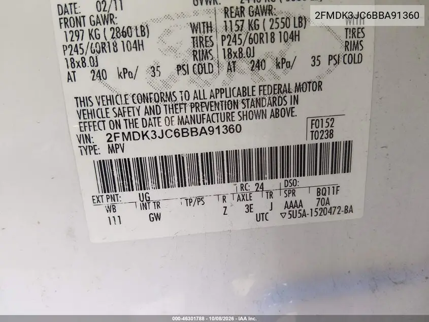 2011 FORD EDGE VIN 2FMDK3JC6BBA91360 — фото 9