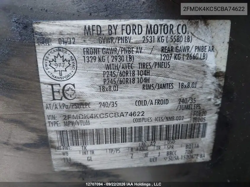 2012 FORD EDGE VIN 2FMDK4KC5CBA74622 — фото 9