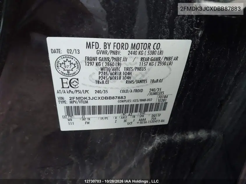 2013 FORD EDGE VIN 2FMDK3JCXDBB87883 — фото 9