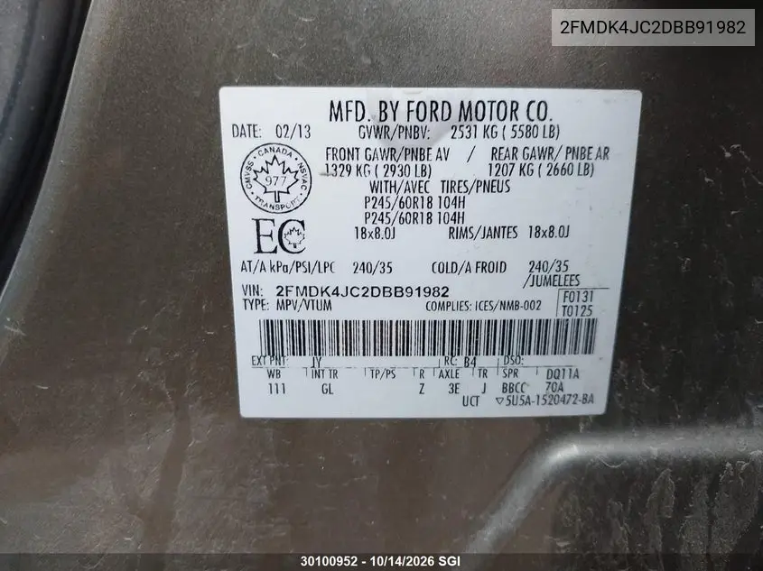 2013 FORD EDGE VIN 2FMDK4JC2DBB91982 — фото 9