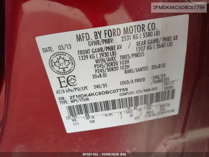 2013 FORD EDGE VIN 2FMDK4KC6DBC07759 — фото 9