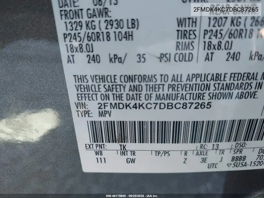 2013 FORD EDGE VIN 2FMDK4KC7DBC87265 — фото 9