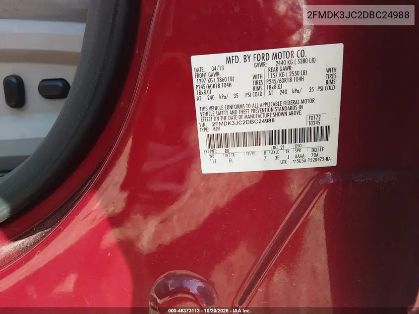 2013 FORD EDGE VIN 2FMDK3JC2DBC24988 — фото 9