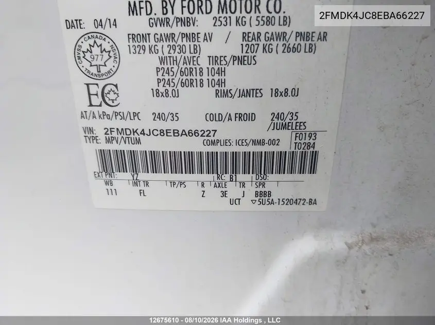 2014 FORD EDGE VIN 2FMDK4JC8EBA66227 — фото 9
