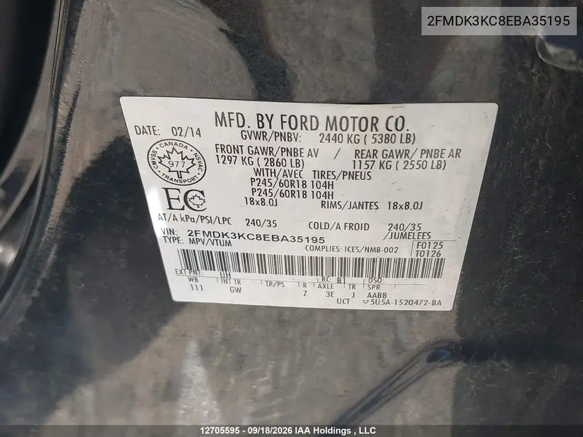 2014 FORD EDGE VIN 2FMDK3KC8EBA35195 — фото 9