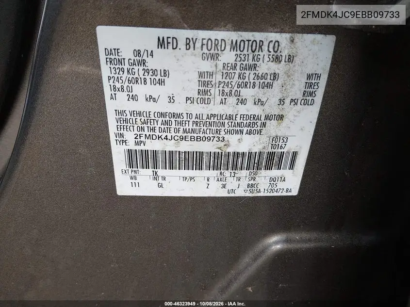 2014 FORD EDGE VIN 2FMDK4JC9EBB09733 — фото 9