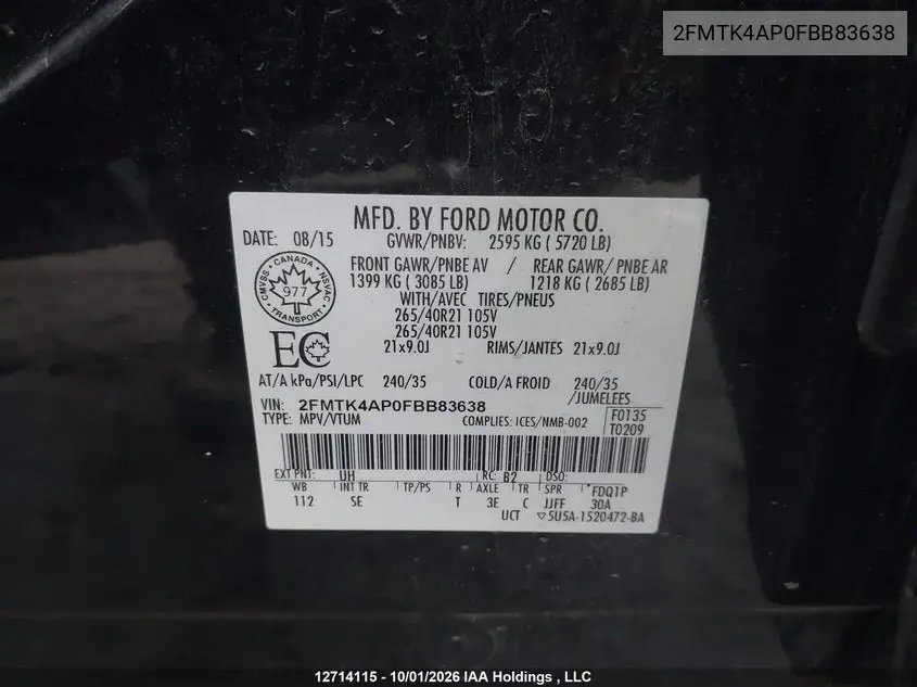 2015 FORD EDGE VIN 2FMTK4AP0FBB83638 — фото 9