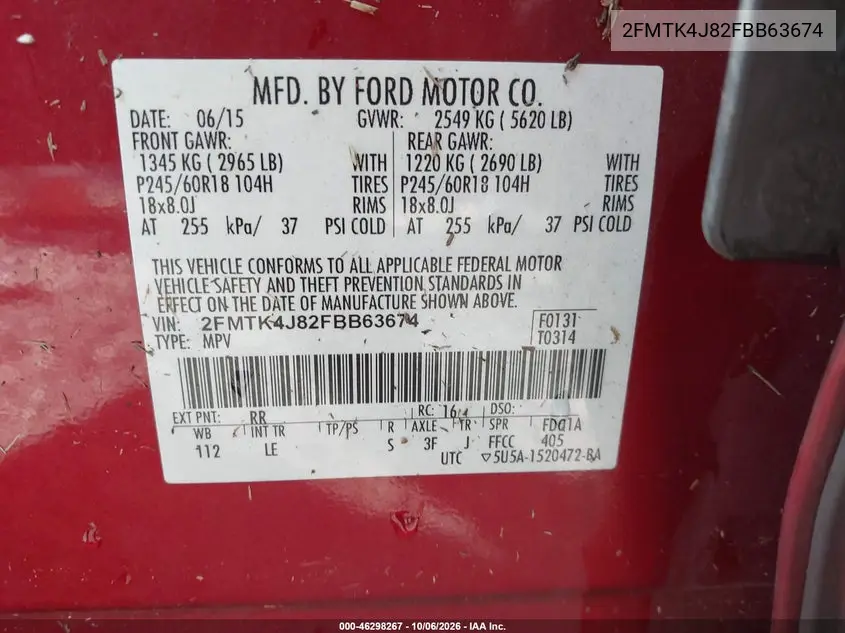 2015 FORD EDGE VIN 2FMTK4J82FBB63674 — фото 9