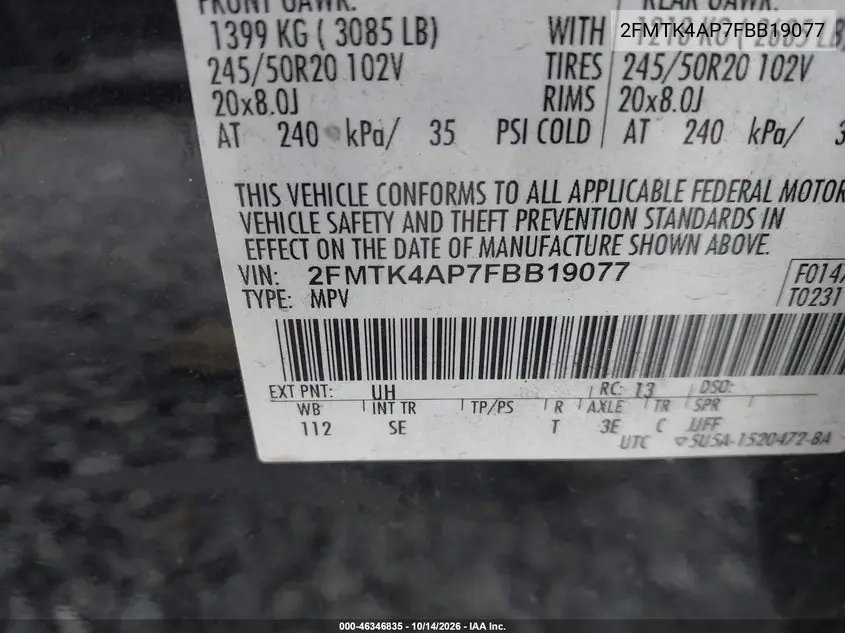 2015 FORD EDGE VIN 2FMTK4AP7FBB19077 — фото 9