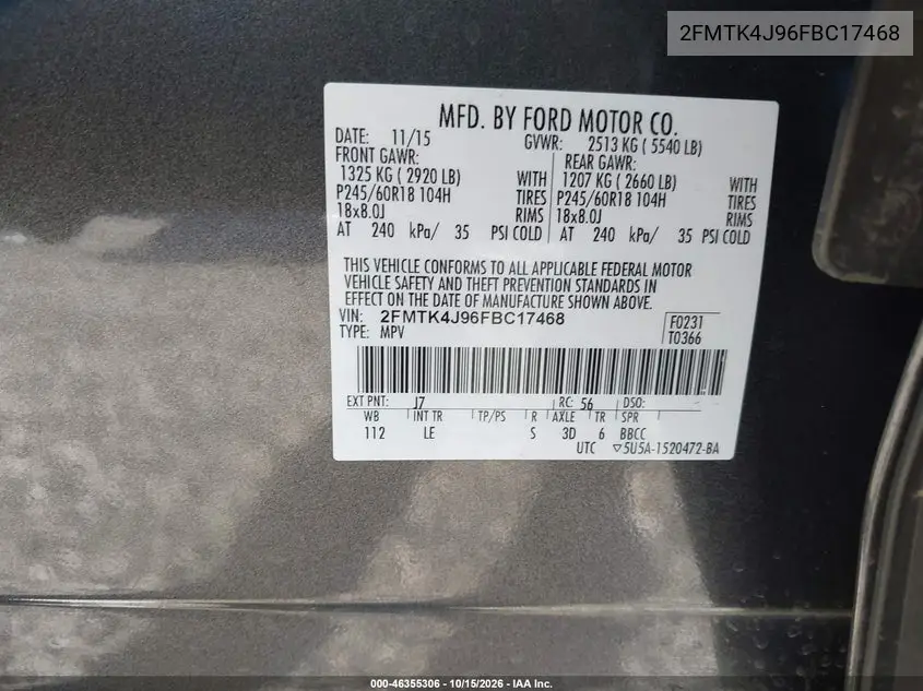 2015 FORD EDGE VIN 2FMTK4J96FBC17468 — фото 9