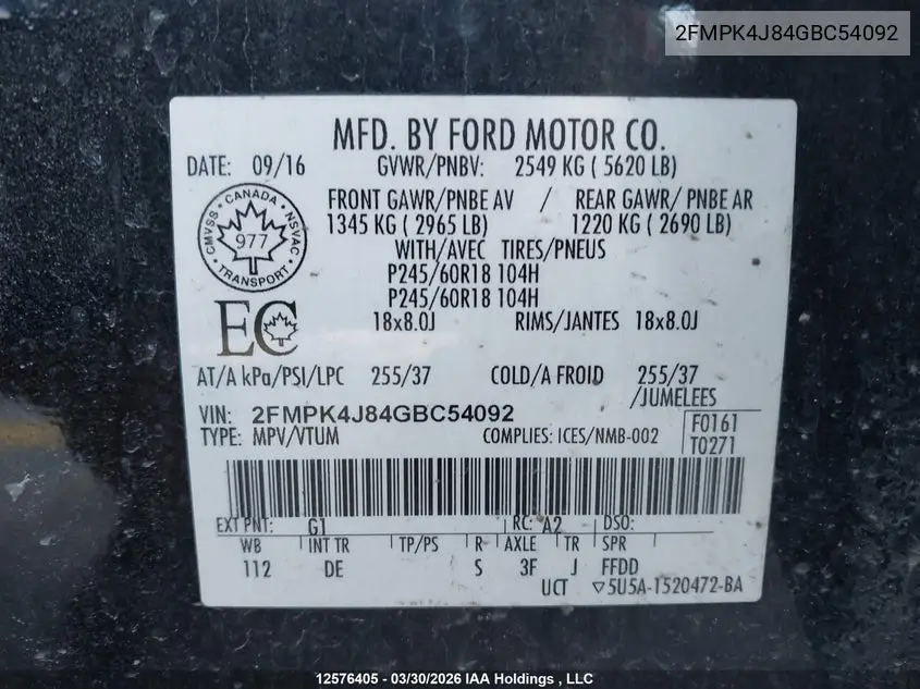 2016 FORD EDGE VIN 2FMPK4J84GBC54092 — фото 18