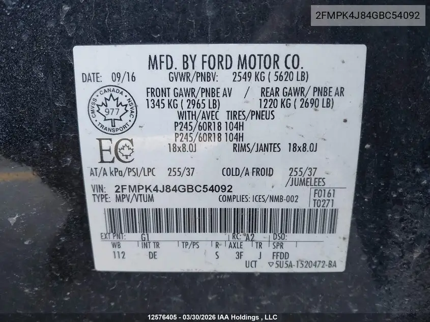 2016 FORD EDGE VIN 2FMPK4J84GBC54092 — фото 9