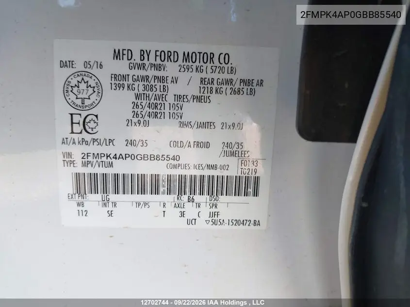 2016 FORD EDGE VIN 2FMPK4AP0GBB85540 — фото 17