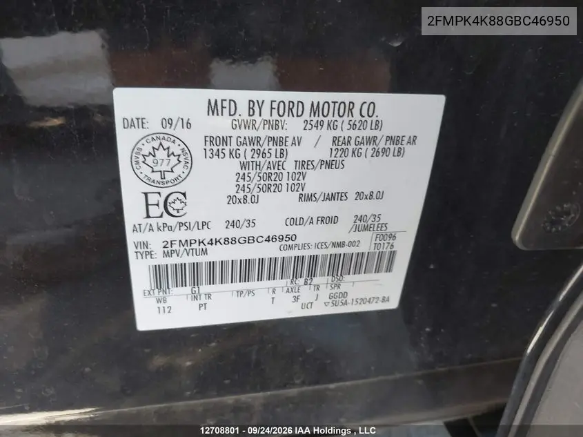 2016 FORD EDGE VIN 2FMPK4K88GBC46950 — фото 19
