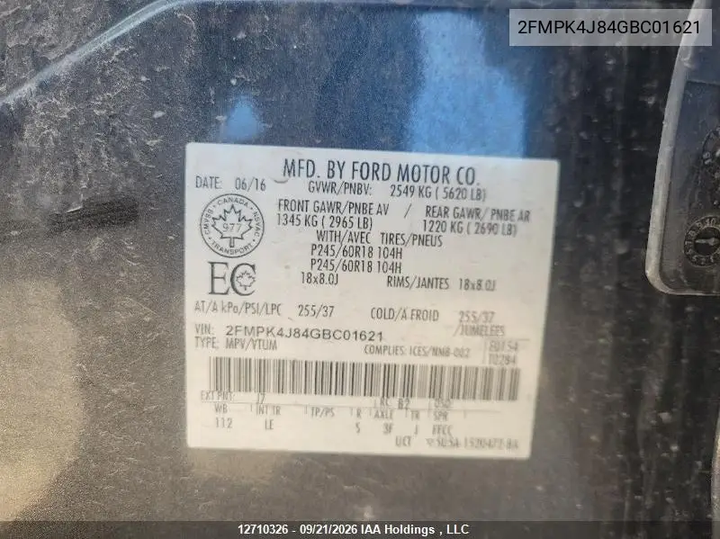 2016 FORD EDGE VIN 2FMPK4J84GBC01621 — фото 9
