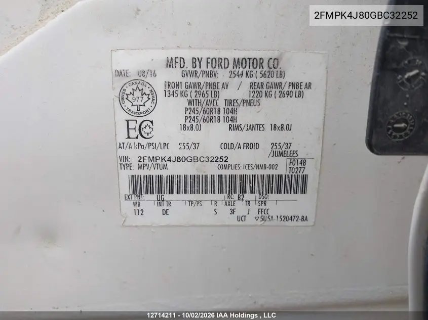 2016 FORD EDGE VIN 2FMPK4J80GBC32252 — фото 9