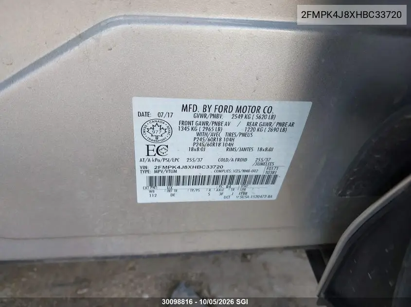 2017 FORD EDGE VIN 2FMPK4J8XHBC33720 — фото 9
