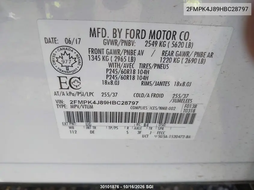 2017 FORD EDGE VIN 2FMPK4J89HBC28797 — фото 9
