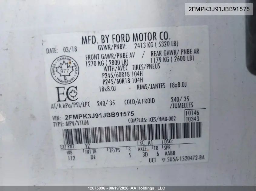 FORD EDGE 2018, VIN 2FMPK3J91JBB91575