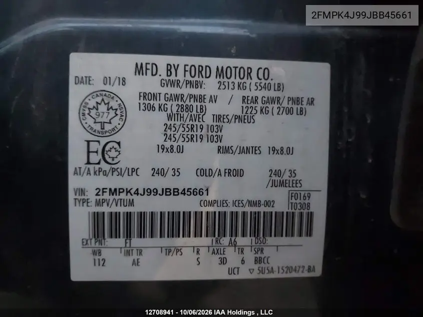 2018 FORD EDGE VIN 2FMPK4J99JBB45661 — фото 9