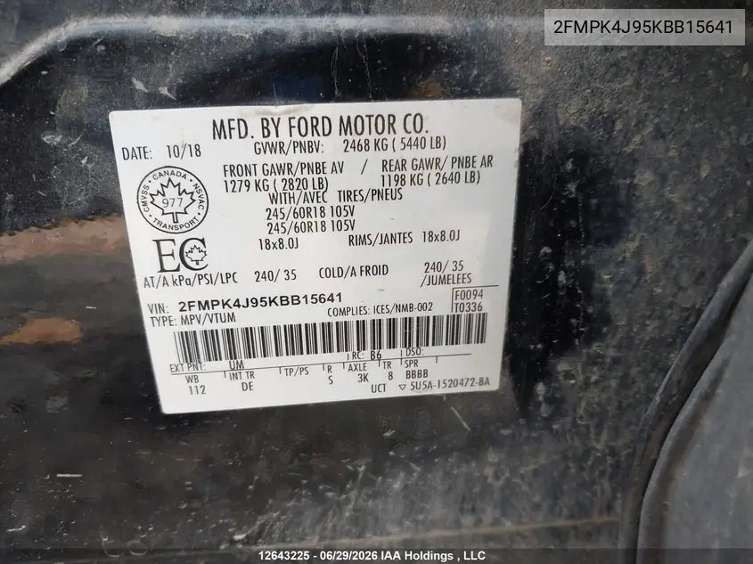 2019 FORD EDGE VIN 2FMPK4J95KBB15641 — фото 20