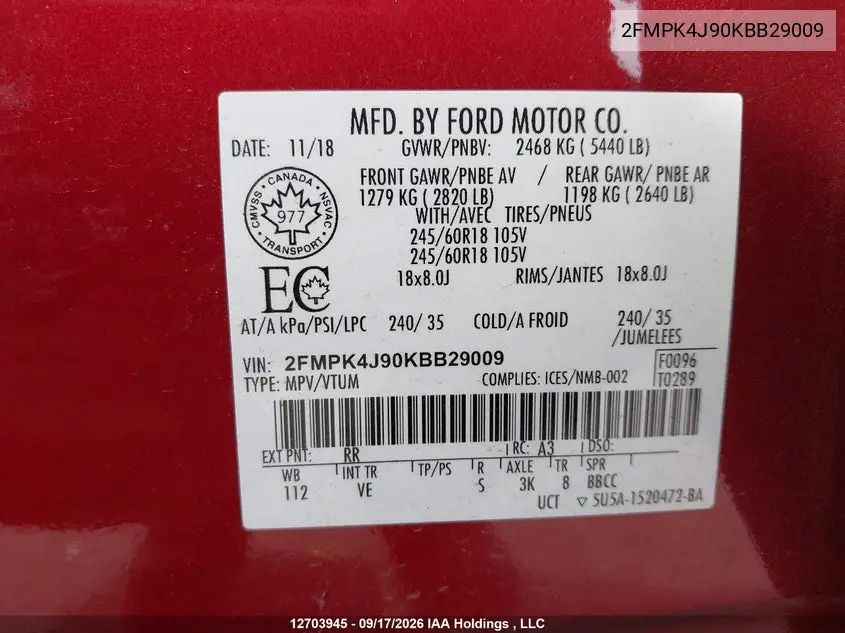 2019 FORD EDGE VIN 2FMPK4J90KBB29009 — фото 9