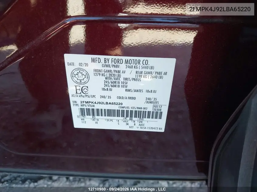 2020 FORD EDGE VIN 2FMPK4J92LBA65220 — фото 9
