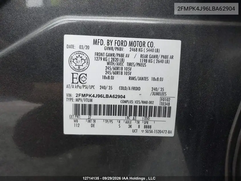 2020 FORD EDGE VIN 2FMPK4J96LBA62904 — фото 21