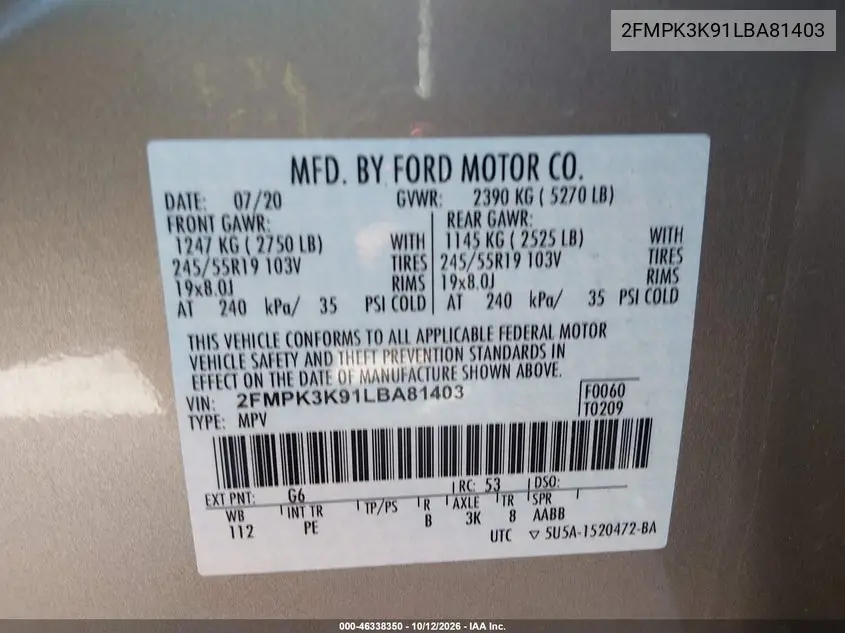 2020 FORD EDGE VIN 2FMPK3K91LBA81403 — фото 9