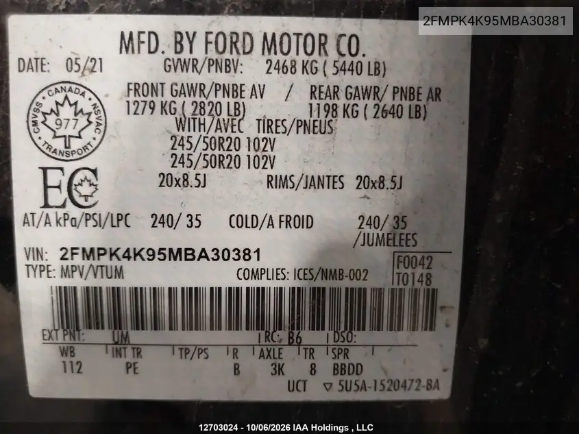 2021 FORD EDGE VIN 2FMPK4K95MBA30381 — фото 18
