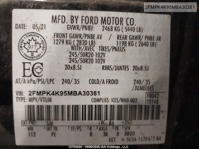 2021 FORD EDGE VIN 2FMPK4K95MBA30381 — фото 9