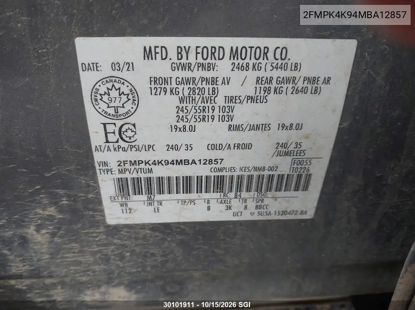 2021 FORD EDGE VIN 2FMPK4K94MBA12857 — фото 9