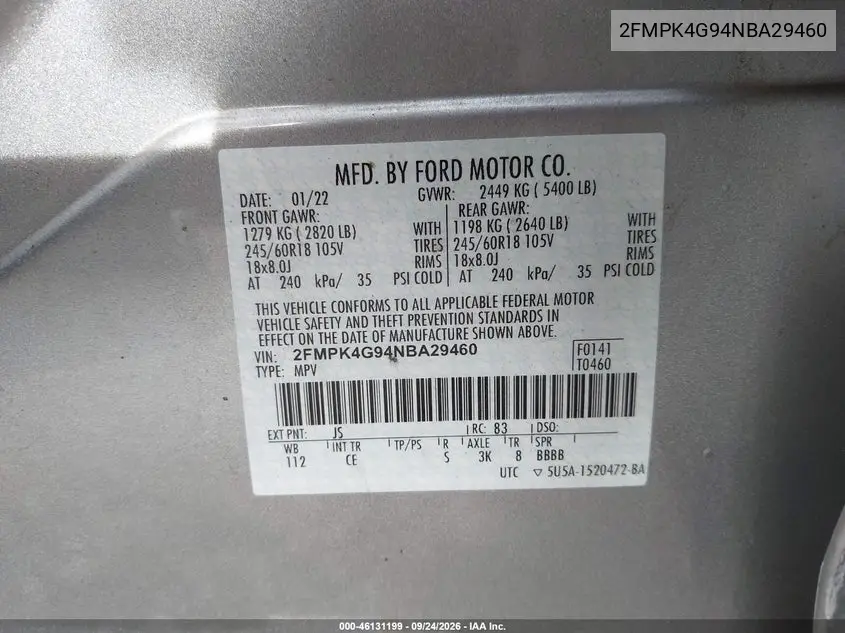 2022 FORD EDGE VIN 2FMPK4G94NBA29460 — фото 9
