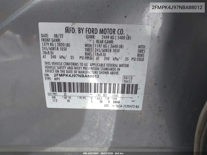 2022 FORD EDGE VIN 2FMPK4J97NBA88012 — фото 9