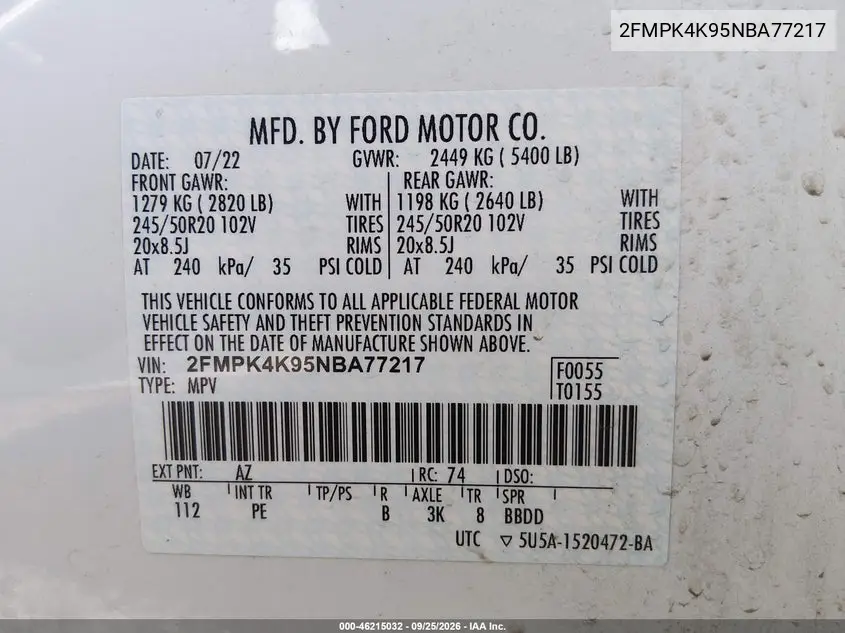 2022 FORD EDGE VIN 2FMPK4K95NBA77217 — фото 9