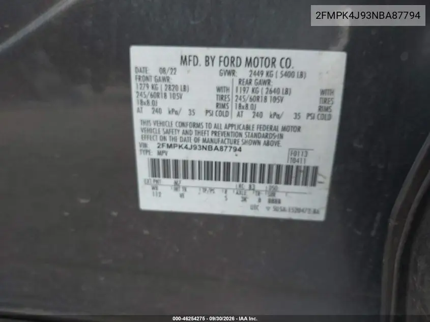 2022 FORD EDGE VIN 2FMPK4J93NBA87794 — фото 9