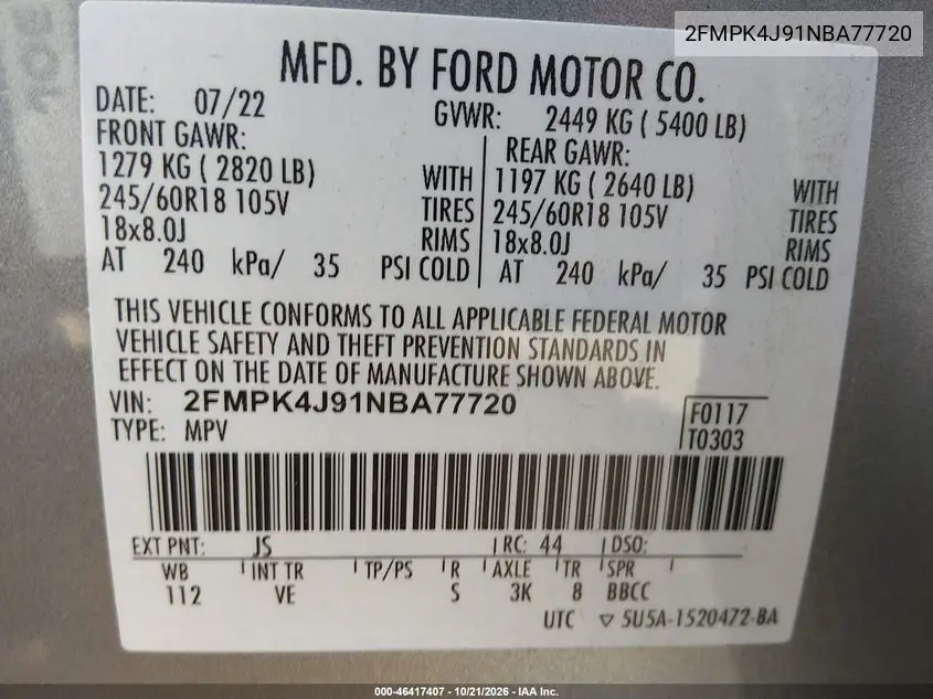 2022 FORD EDGE VIN 2FMPK4J91NBA77720 — фото 9