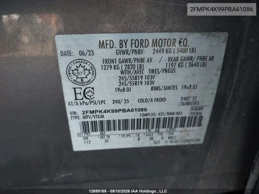 2023 FORD EDGE VIN 2FMPK4K99PBA61086 — фото 9