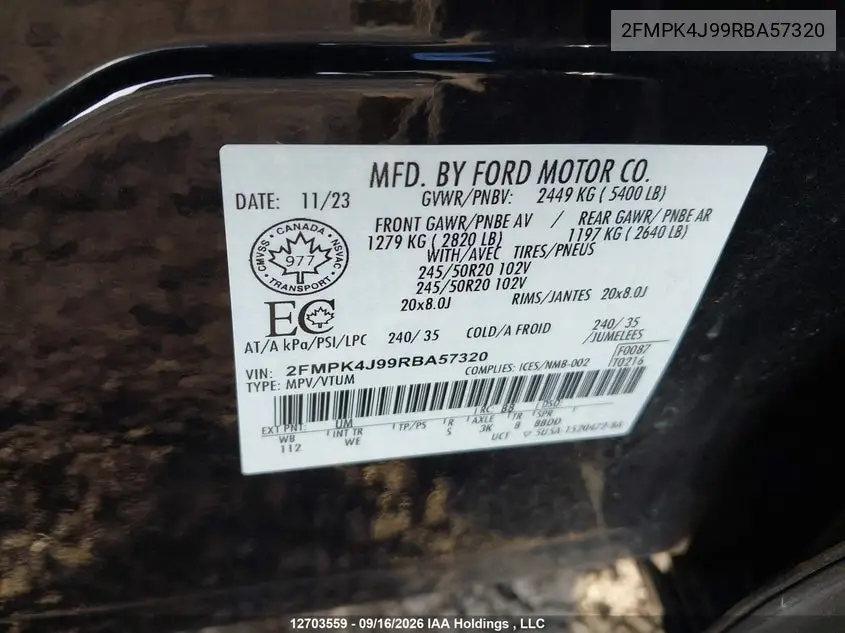 2024 FORD EDGE VIN 2FMPK4J99RBA57320 — фото 9