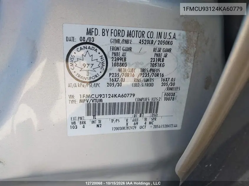 2004 FORD ESCAPE VIN 1FMCU93124KA60779 — фото 9